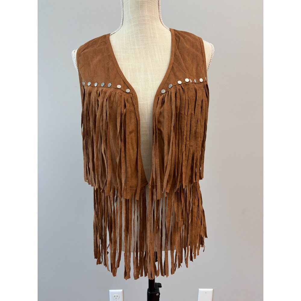 New Womens Faux Suede Fringe Brown Vest Small Cowgirl Boho Chic Country Western